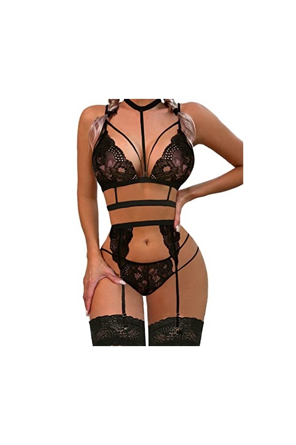 wearella Ensemble de lingerie sexy en dentelle avec porte-jarretelles pour femme sans bas , vert, taille M