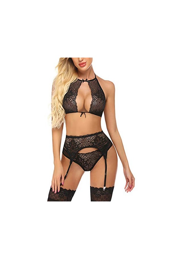 wearella Ensemble de lingerie sexy en dentelle avec porte-jarretelles pour femme sans bas , vert, taille M
