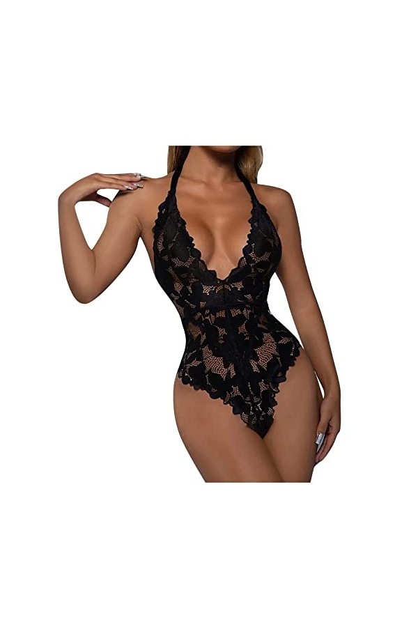 Générique Lingerie Sexy, Femme Nuit Lace Hollow Halter Strap See-Through Nuisette Pyjama String Sexy Hot Lingerie De Pute Ouv