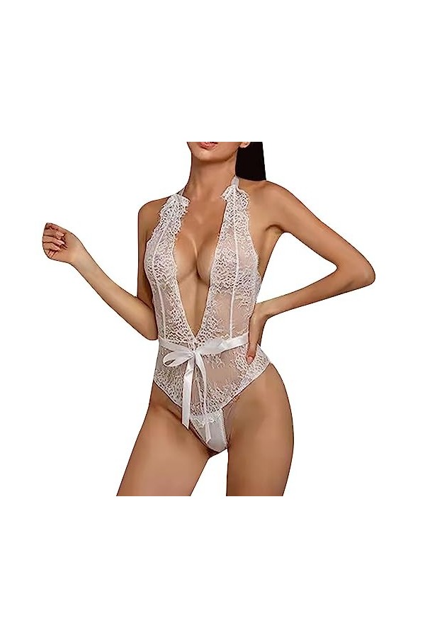 liaddkv Lingerie sexy avec col en V profond et tailles au choix de coutures en dentelle chaînes Lingerie pour vous, Blanc., L