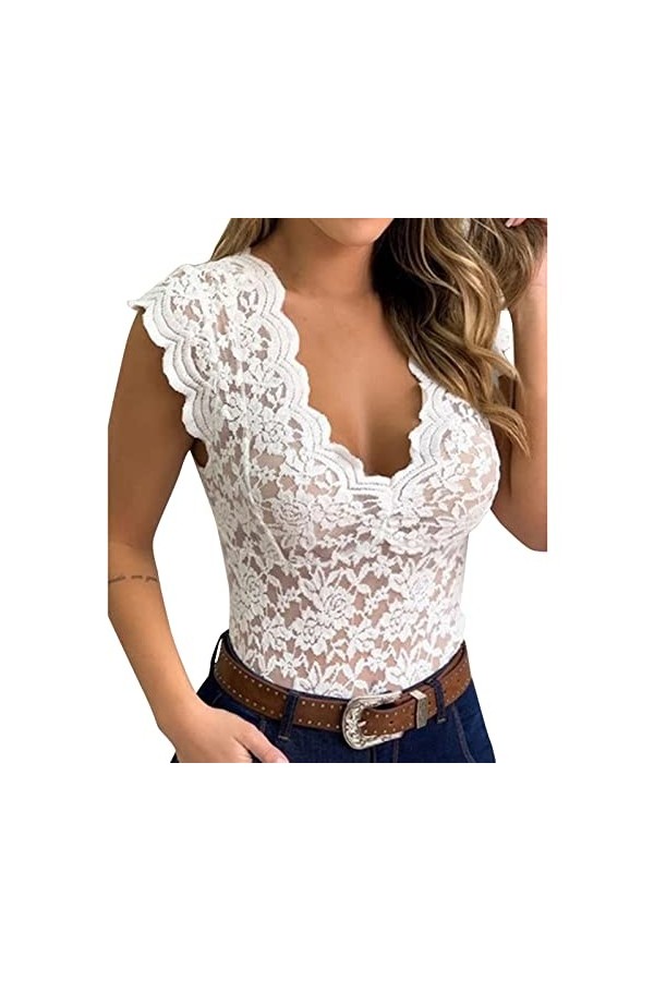 TDEOK Costume Sexy Chemise en Dentelle Sexy Transparent Décontracté Coupe Slim Grande Taille Manches Courtes Col V Profonde G