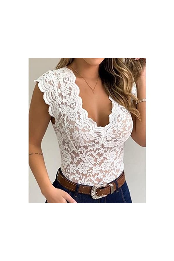 TDEOK Costume Sexy Chemise en Dentelle Sexy Transparent Décontracté Coupe Slim Grande Taille Manches Courtes Col V Profonde G