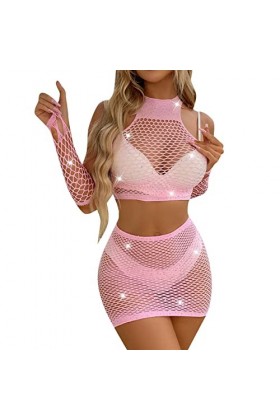Lingerie Femme Sexy Ensemble Homme Sexy Hot y22k Sexy Résille Fille Strass Cristal Bras Manches 3 Pièce Costume Robes Bodysto