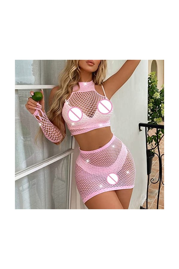 Lingerie Femme Sexy Ensemble Homme Sexy Hot y22k Sexy Résille Fille Strass Cristal Bras Manches 3 Pièce Costume Robes Bodysto