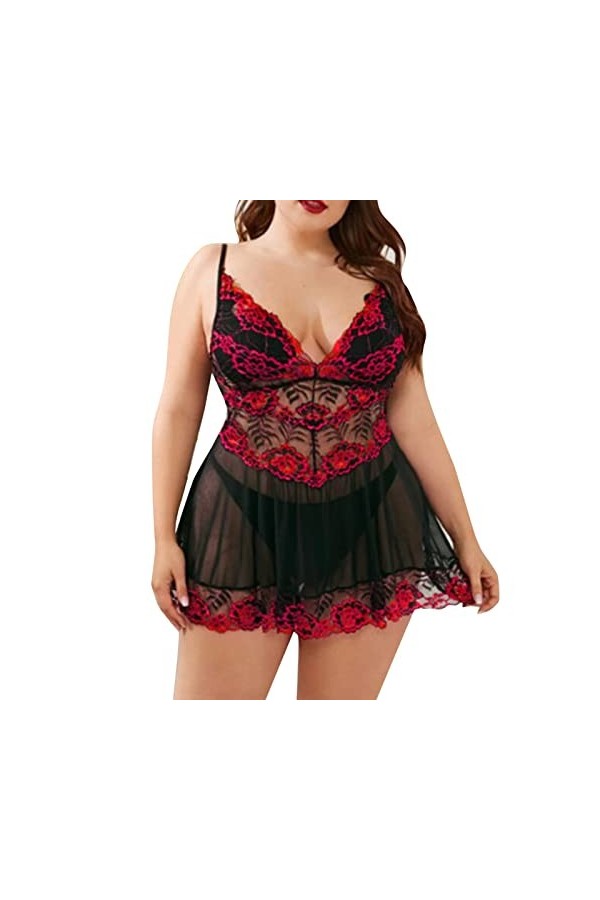 Luckywaqng Ensemble de lingerie sexy pour femme - Grande taille - Dentelle - En maille - En V profond - Chemise de nuit pour 