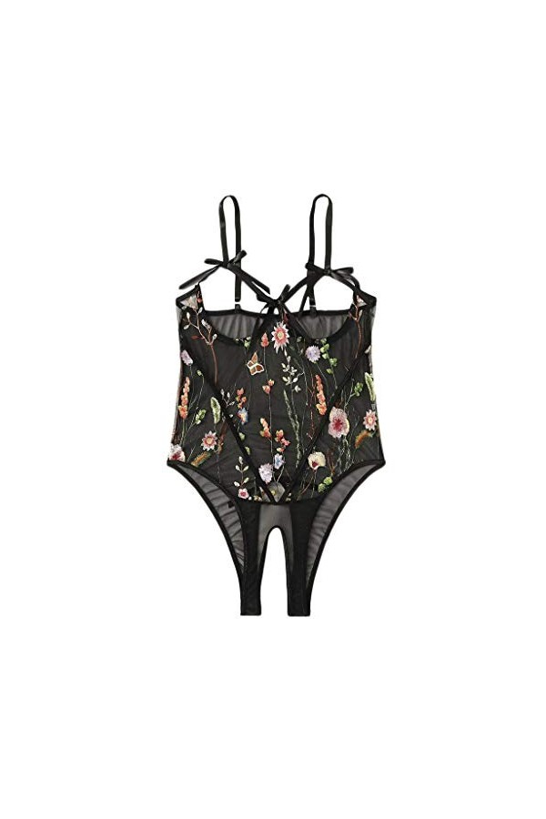 BIISDOST sous-vêtements Ouverts Femmes Dentelle Lingerie Creuse Jumpsuit Entrejambe Bow Broderie Broderie Body Montant Black