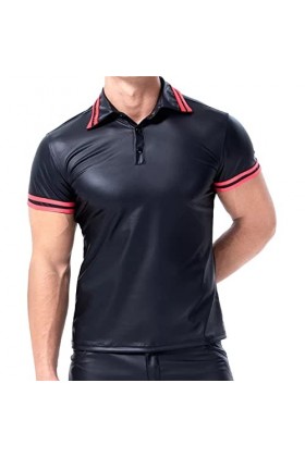 Veste pour homme aspect vernis T-shirt slim fit latex brillant haut sexy en cuir verni avec col montant hippie disco fête clu