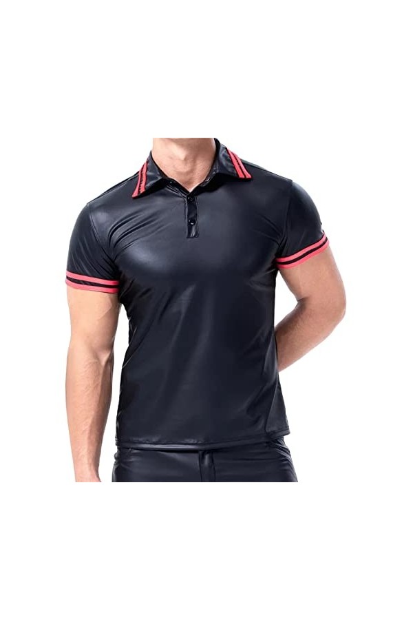Veste pour homme aspect vernis T-shirt slim fit latex brillant haut sexy en cuir verni avec col montant hippie disco fête clu