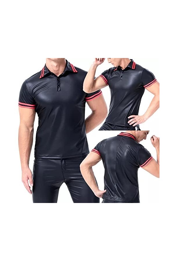 Veste pour homme aspect vernis T-shirt slim fit latex brillant haut sexy en cuir verni avec col montant hippie disco fête clu