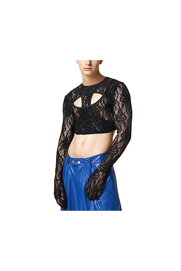 Demi débardeur en dentelle pour homme - Transparent - Sans manches - Crop Top - Fleurs - Semi - Sous-vêtement transparent - L