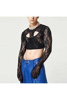 Demi débardeur en dentelle pour homme - Transparent - Sans manches - Crop Top - Fleurs - Semi - Sous-vêtement transparent - L