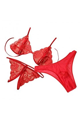 WhOpro Lingerie ouverte taille sexy hommes femmes transparent 3 sous-vêtements t-shirt écolière lingerie ensemble, rouge, tai