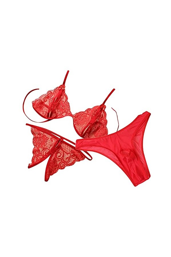 WhOpro Lingerie ouverte taille sexy hommes femmes transparent 3 sous-vêtements t-shirt écolière lingerie ensemble, rouge, tai