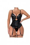 Femme Body Sexy Spaghettis Bodysuit Lingerie pour femmes 2 PC cuir Teddy Body Lingerie Sexy découpe hors épaule jointe PU à l