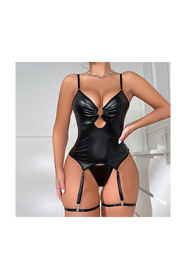 Femme Body Sexy Spaghettis Bodysuit Lingerie pour femmes 2 PC cuir Teddy Body Lingerie Sexy découpe hors épaule jointe PU à l