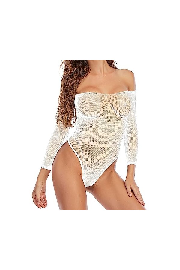 PTLLEND Lingerie Latex Taille S pour femmes Body résille siamois Strass Sexy Mesh Lingerie Onesie Jumpsuit Lingerie Sexy Hot 