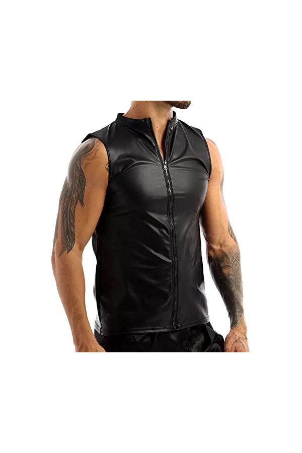 Veste pour homme aspect vernis T-shirt slim fit latex brillant haut sexy en cuir verni avec col montant hippie disco fête clu