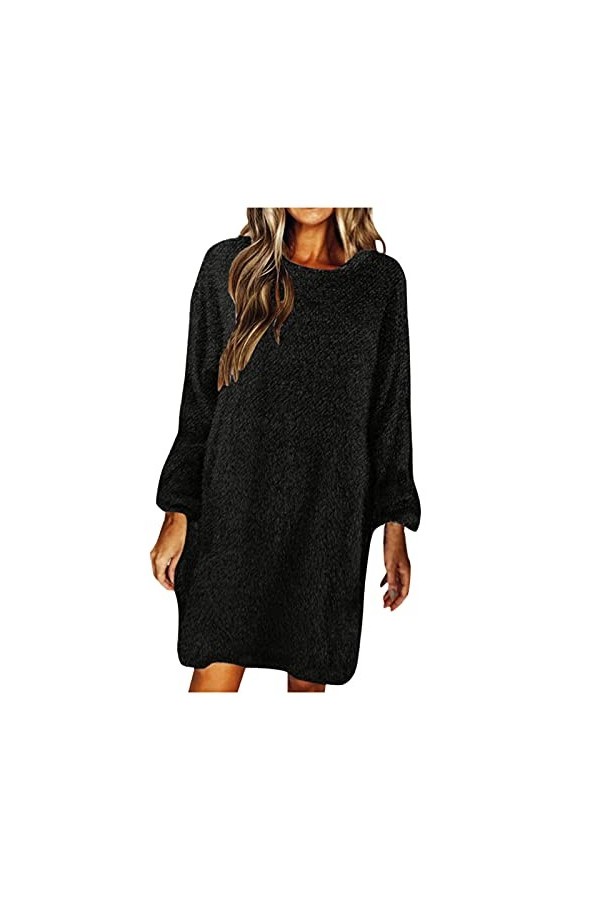 Robe pull en peluche pour femme - Manches longues - Robe ample en polaire floue - Robe décontractée - Robe chemisier élégante