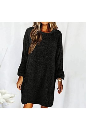 Robe pull en peluche pour femme - Manches longues - Robe ample en polaire floue - Robe décontractée - Robe chemisier élégante