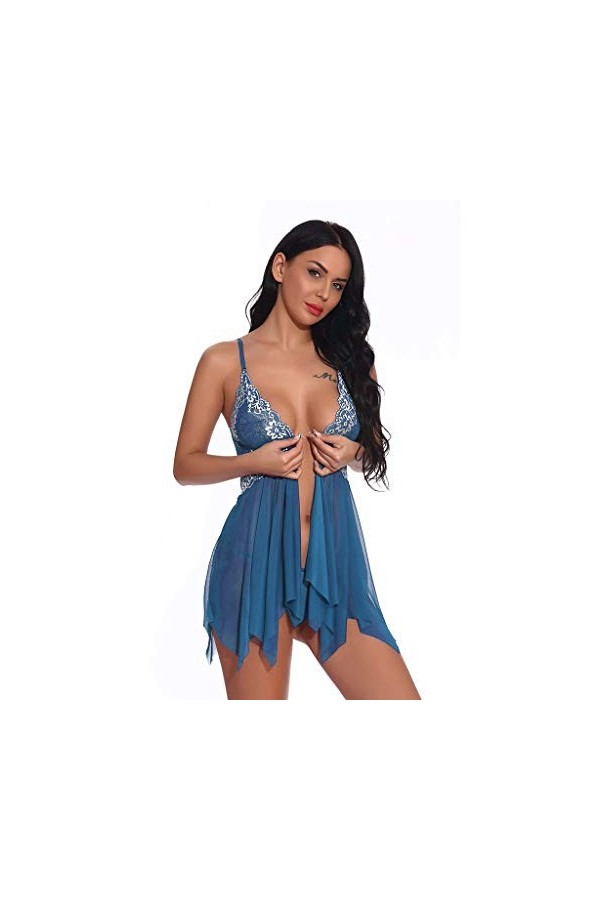 Lingerie sexy en V avec fermeture sur le devant pour femme, bleu, XL