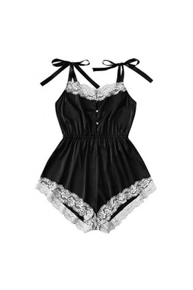 Luckywaqng Combinaison sexy en dentelle satinée et soie Blanc, Noir , XL