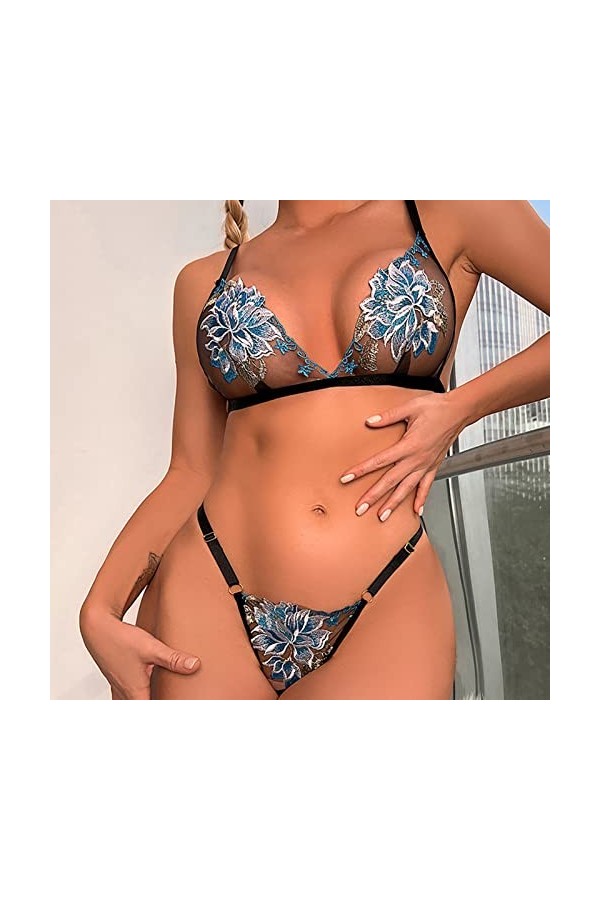 liaddkv Ensemble de lingerie 2 pièces pour femme, dentelle brodée bretelles réglables, lingerie sexy, bleu, M
