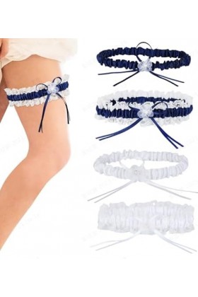 S_way Lot de 4 paires de jarretières de mariage bleues et blanches indestructibles avec nœud en dentelle bleu pour un tour de