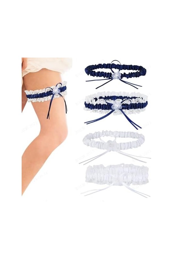 S_way Lot de 4 paires de jarretières de mariage bleues et blanches indestructibles avec nœud en dentelle bleu pour un tour de