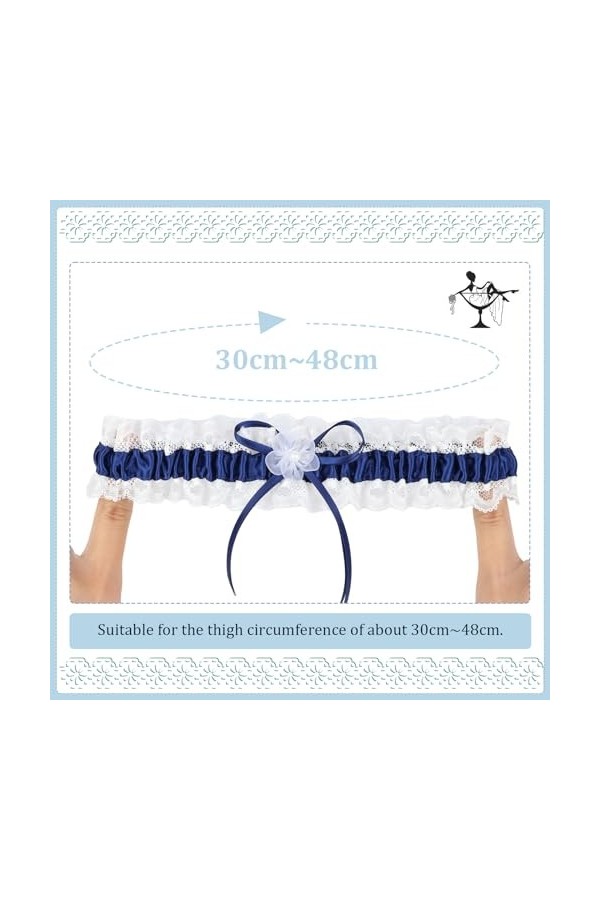 S_way Lot de 4 paires de jarretières de mariage bleues et blanches indestructibles avec nœud en dentelle bleu pour un tour de