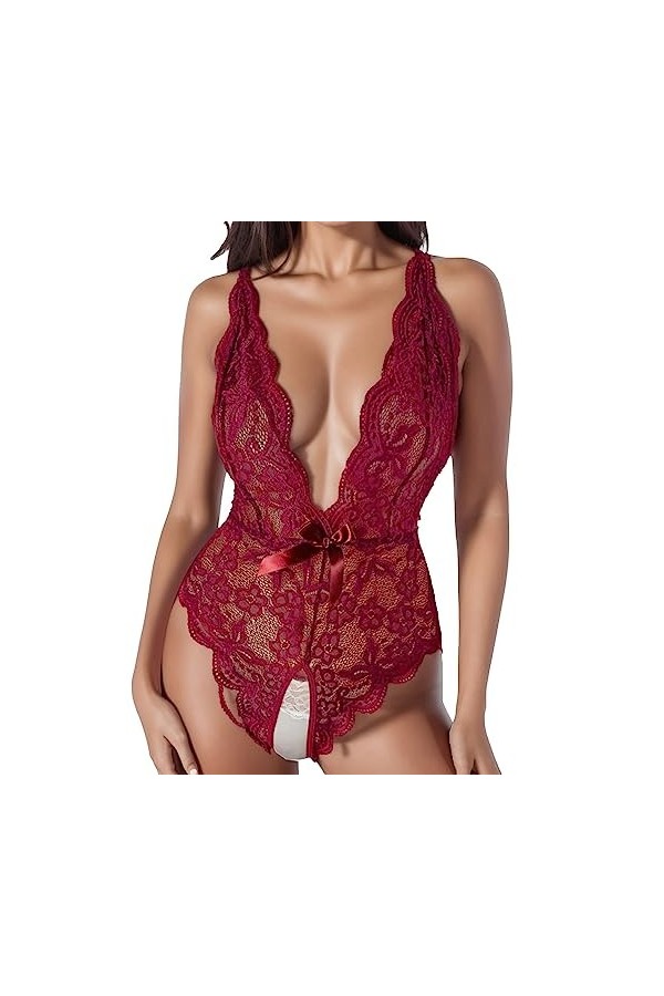 Nuisette Lingerie Col en V profond Érotique Femme Sexy Body Lingerie Teddy Bodysuit Col en V profond Chemise de nuit Dentelle