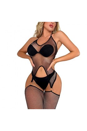 ROSVAJFY Femme Bodystocking Sexy Résille Lingerie Halter Combinaison Collant Transparent Body dos Nu Maille Bodysuit Babydoll