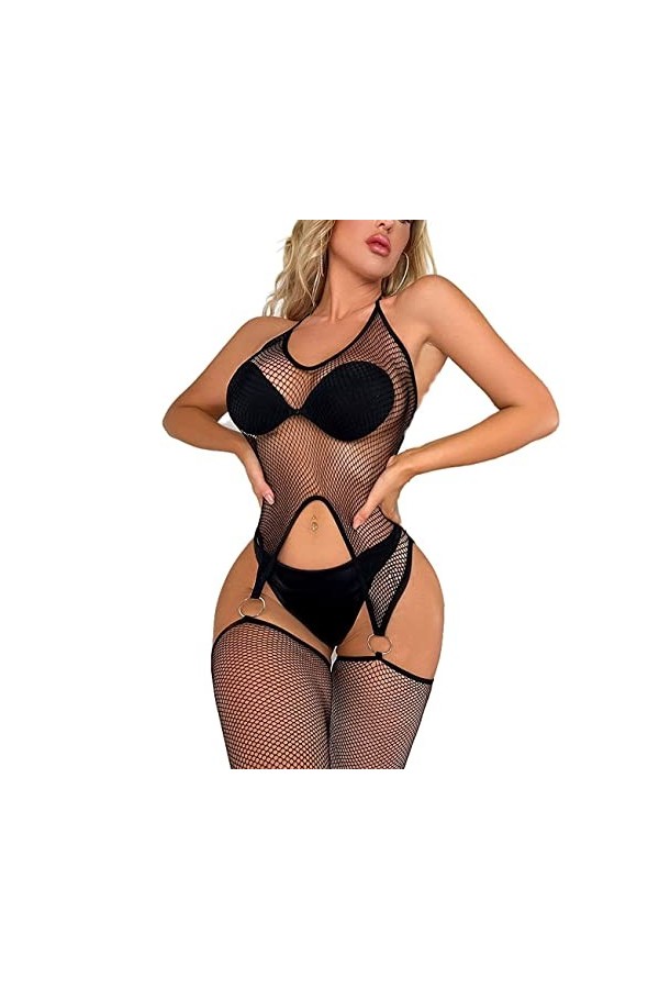 ROSVAJFY Femme Bodystocking Sexy Résille Lingerie Halter Combinaison Collant Transparent Body dos Nu Maille Bodysuit Babydoll