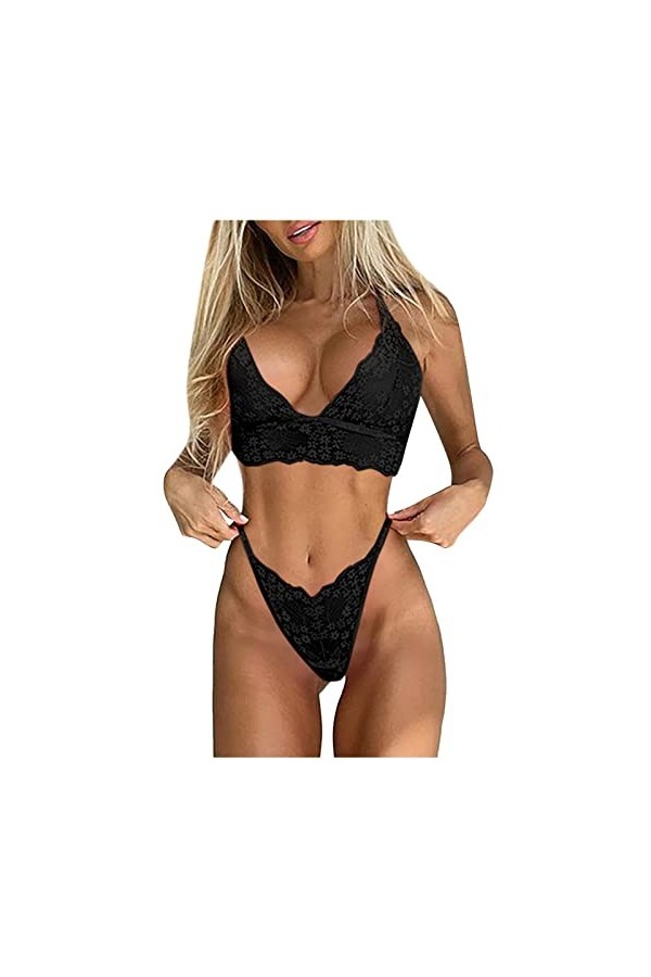 Ensemble de lingerie en dentelle rouge pour femme, Noir , XXXL