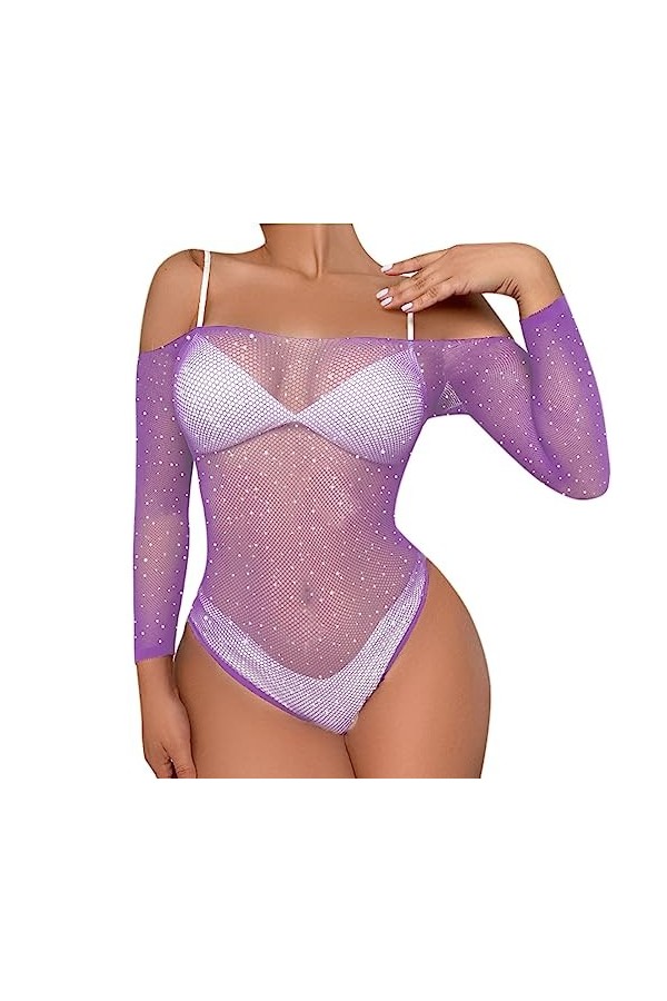 PTLLEND Lingerie Latex Taille S pour femmes Body résille siamois Strass Sexy Mesh Lingerie Onesie Jumpsuit Lingerie Sexy Hot 