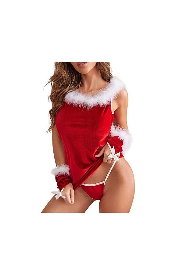 Luckywaqng Velours Sous-vêtements Robe de Nuit Femmes G-Corde Sexy Noël Or Lingerie Noël Grande Taille, rouge, XXXXL