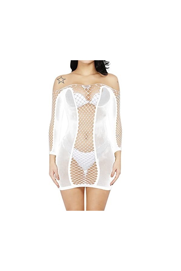 Lingerie sexy pour femme avec décolleté Onepiece Mesh Manches longues Sexy Vêtements serré Poche Hanche Jupe Bodysuit Lingeri