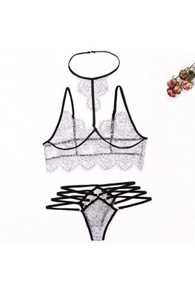 YWSTYllelty Femme Sexy Body Halter en Cuir Dentelle évidée Maille Jupe Trois Points Ensemble Sexy Dos Nu fichier Ouvert sous-