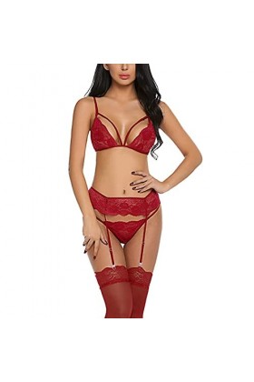 MODSGUE Tenue sexy pour femme Col en V Lingerie séduisante avec porte-jarretelles Soutien-gorge et culottes Mode Bralette Lin