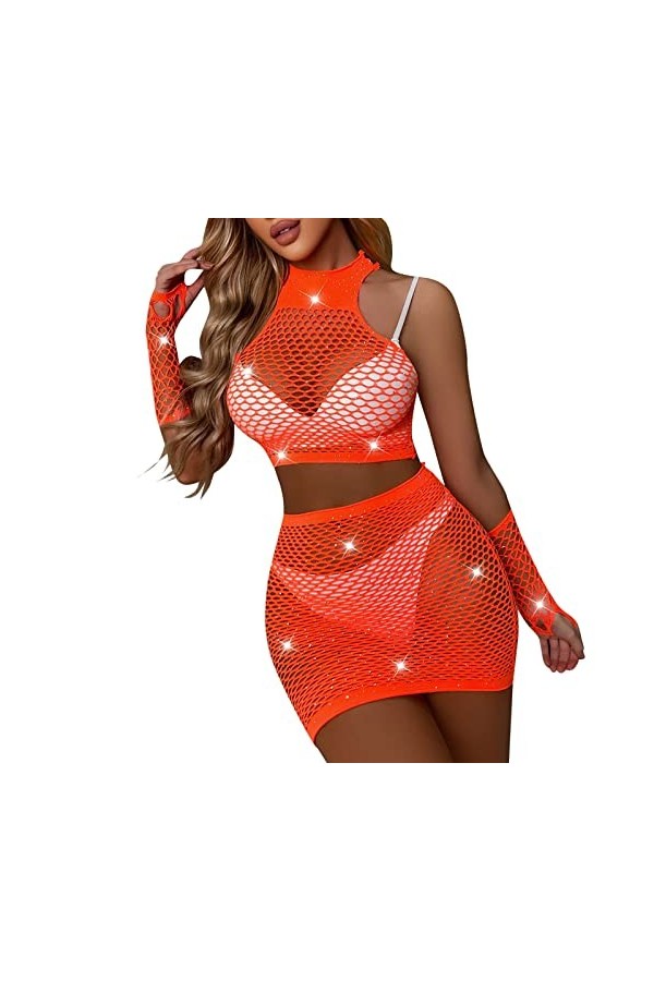 Lingerie Femme Sexy Ensemble Homme Sexy Hot y22k Sexy Résille Fille Strass Cristal Bras Manches 3 Pièce Costume Robes Bodysto