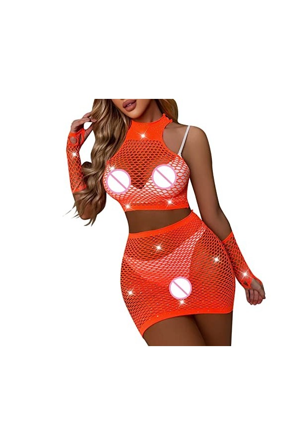 Lingerie Femme Sexy Ensemble Homme Sexy Hot y22k Sexy Résille Fille Strass Cristal Bras Manches 3 Pièce Costume Robes Bodysto