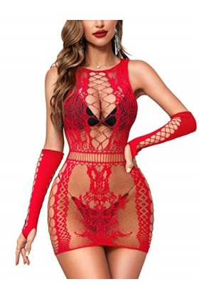 RSLOVE Lingerie Féminine Tenues Sexy Bodysuit en Résille avec Gants Bodystocking Babydoll Rouge Taille Unique