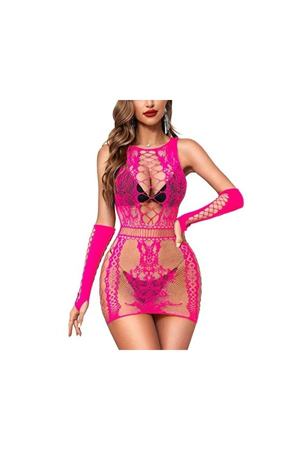RSLOVE Lingerie Féminine Tenues Sexy Bodysuit en Résille avec Gants Bodystocking Babydoll Rouge Taille Unique