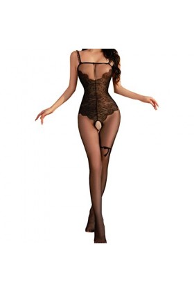 SNOMYRS Body en résille en maille pour femme Lingerie sexy en dentelle, Noir, S/L