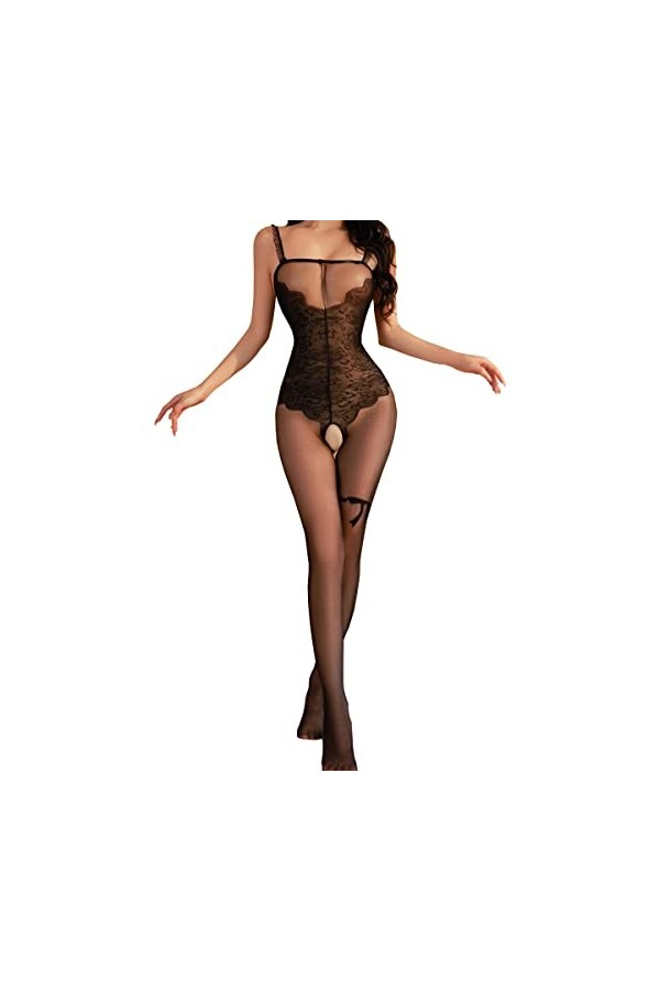 SNOMYRS Body en résille en maille pour femme Lingerie sexy en dentelle, Noir, S/L