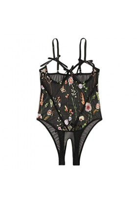 BIISDOST sous-vêtements Ouverts Femmes Dentelle Lingerie Creuse Jumpsuit Entrejambe Bow Broderie Broderie Body Montant Black