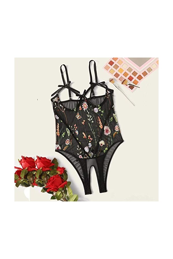 BIISDOST sous-vêtements Ouverts Femmes Dentelle Lingerie Creuse Jumpsuit Entrejambe Bow Broderie Broderie Body Montant Black