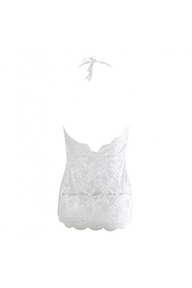 Sling Femme Pyjama Émotionnel Chemise de Nuit Dentelle Tunique Jupe Sexy Pyjama Lingerie Femme Noël, Blanc 1, L