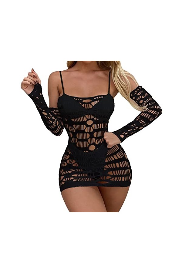 Legging Cuir Sexy Maille Lingerie Dentelle Lingerie Trois pièces Ensemble Sexy sous-vêtements évider Robe avec Manchette Ense