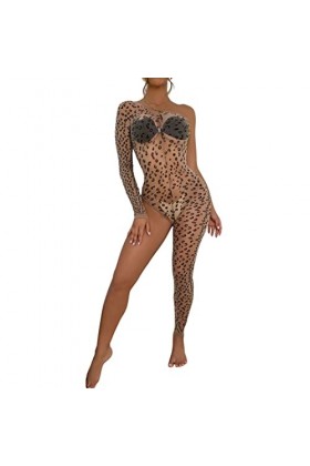 ROSVAJFY Léopard Bodystocking Sexy Lingerie Femme, Maille Body Combinaison Transparent Mesh Bodysuit Collant Coquine Catsuit 