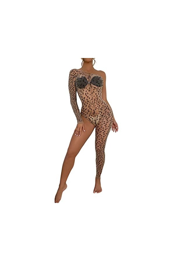 ROSVAJFY Léopard Bodystocking Sexy Lingerie Femme, Maille Body Combinaison Transparent Mesh Bodysuit Collant Coquine Catsuit